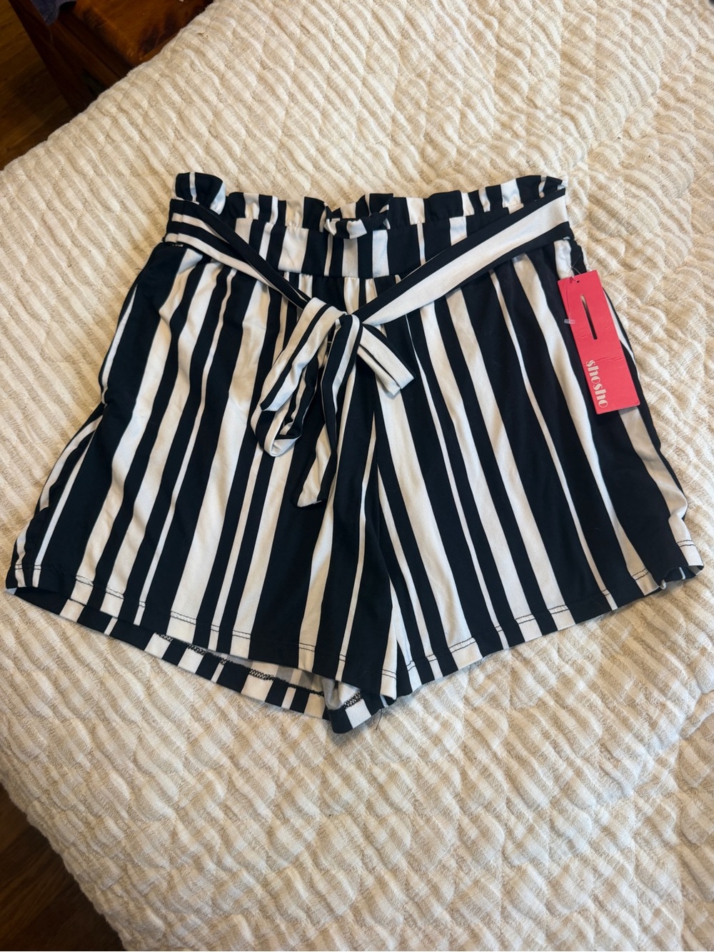 shosho Black & White Striped High Waist Paperbag Shorts